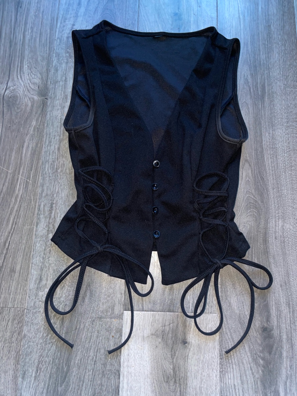Black Lace-Up Sleeveless Button Front Top